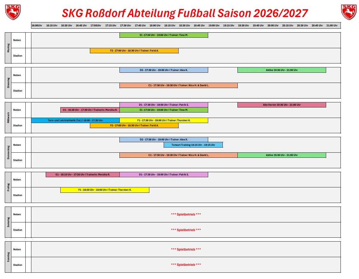 Platzbelegungsplan der Saison 2026/27 als Tabelle (Inhalt als Text auf der Seite Trainingszeiten)